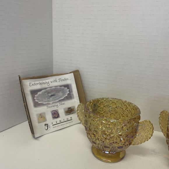 Fenton Art Glass Yellow Amber Daisy And Button And Bows Creamer‎ & Sugar Set - Picture 4 of 7
